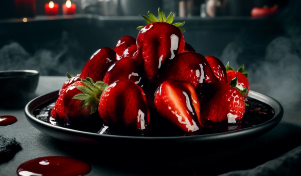 Blutige Erdbeeren1 Blutige Erdbeeren auf schwarzem Teller mit düsterem Hintergrund