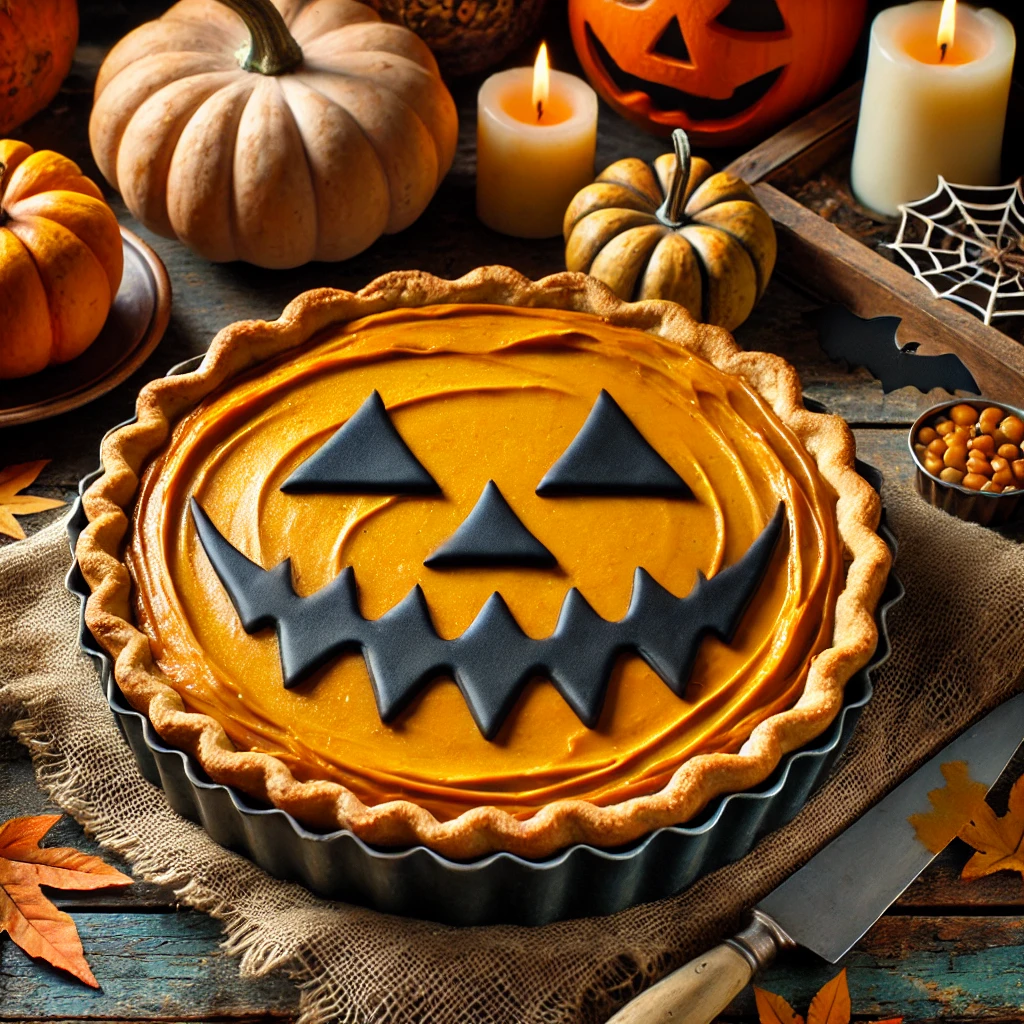 Ein Halloween-Kürbiskuchen mit gruseliger Gesichtsdarstellung aus Schokolade oder Zuckerguss, umgeben von Halloween-Dekorationen wie geschnitzten Kürbissen, Kerzen und Herbstblättern.