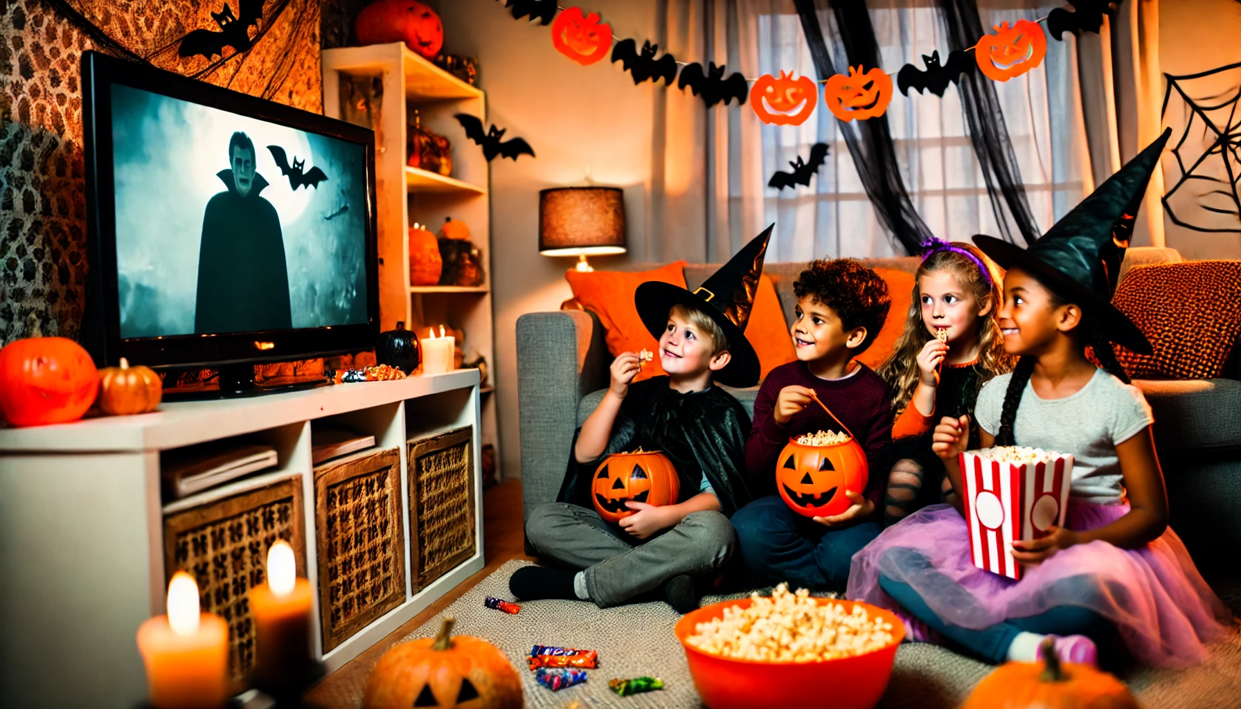 Die 20 besten Kinderfilme zu Halloween Halloween: Kinder in Kostümen sitzen vor dem Fernseher und schauen einen Halloween-Film